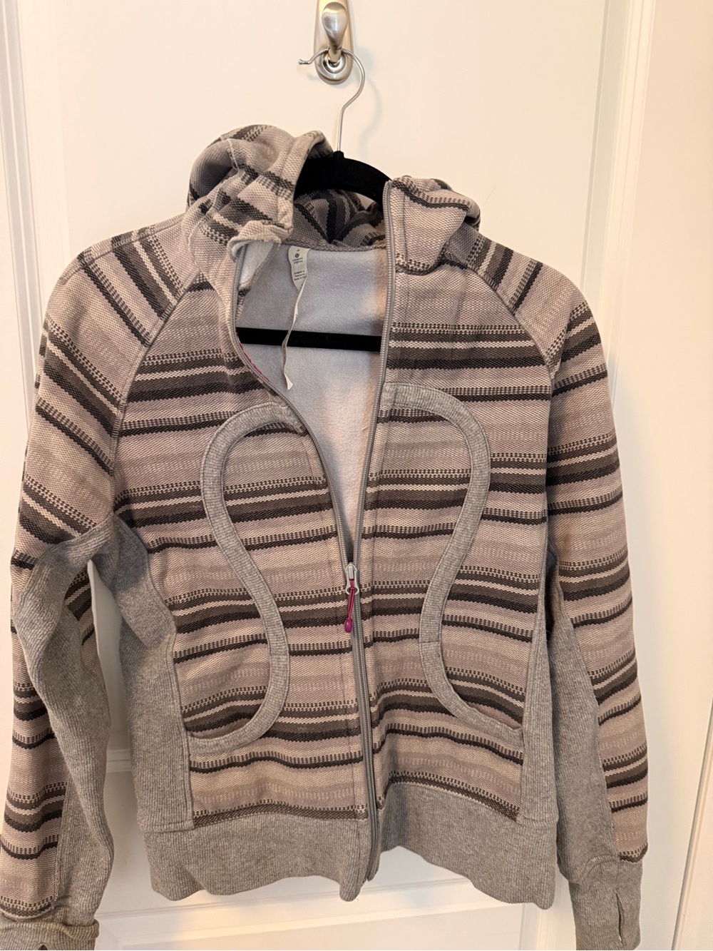 lululemon athletica Striped Zip Up Hoodie Jacket in Gray with Purple Accents